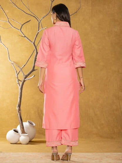 Pink Silk Blend Pakistani Style Kurta Dupatta Set