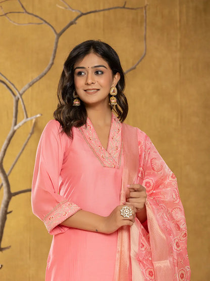 Pink Silk Blend Pakistani Style Kurta Dupatta Set