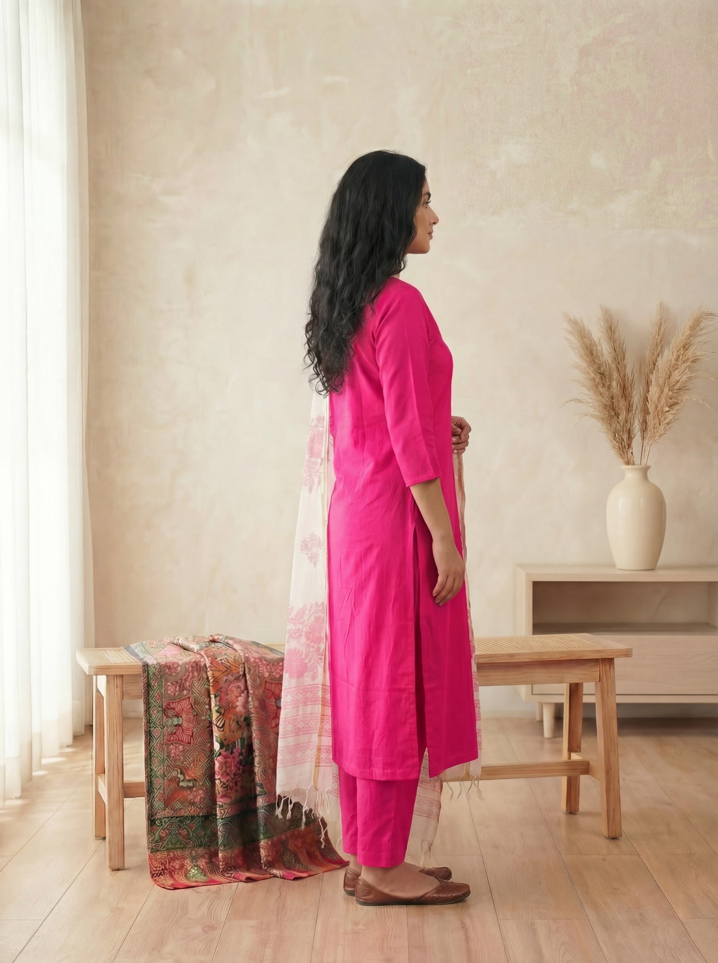 Silk Blend Straight Kurta Pant With Handblock Print Kota Doriya Dupatta Set