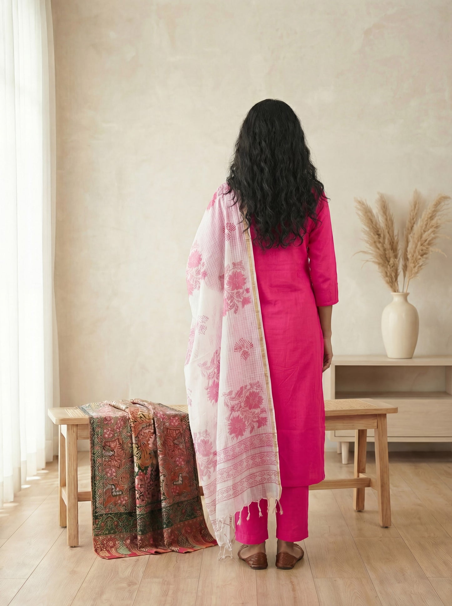 Silk Blend Straight Kurta Pant With Handblock Print Kota Doriya Dupatta Set