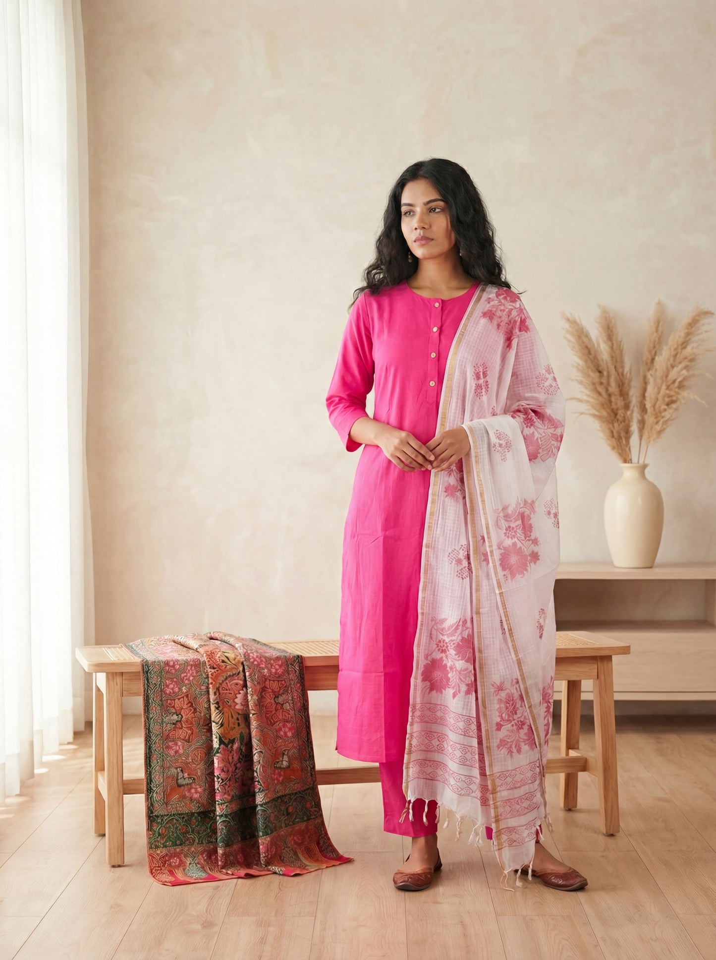 Silk Blend Straight Kurta Pant With Handblock Print Kota Doriya Dupatta Set