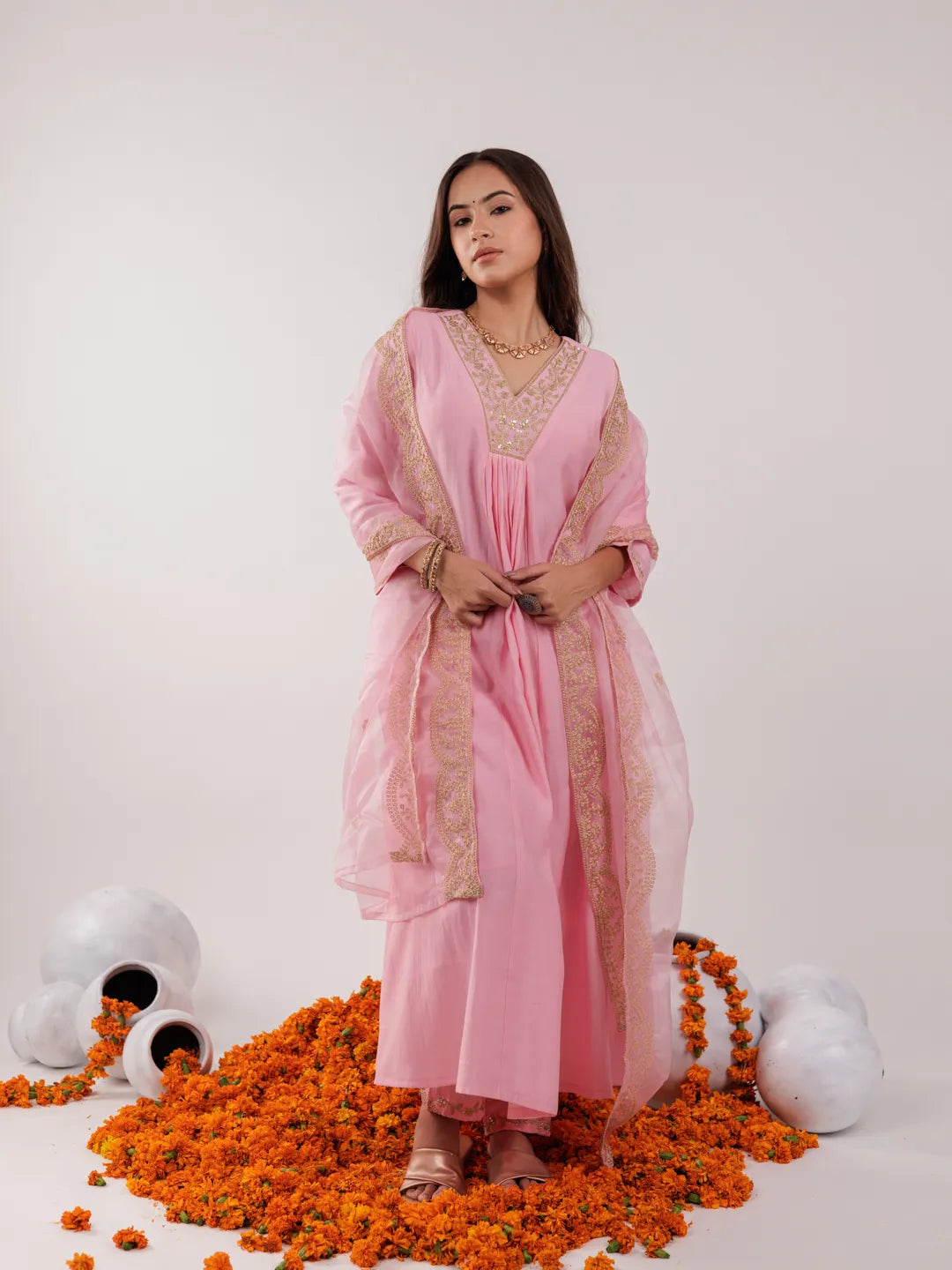 Pink Silk Embroidered Kurta Dupatta Set
