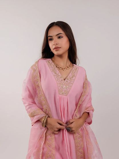 Pink Silk Embroidered Kurta Dupatta Set