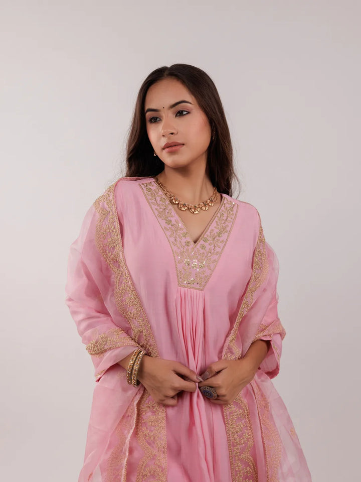 Pink Silk Embroidered Kurta Dupatta Set
