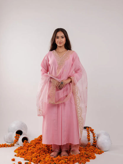 Pink Silk Embroidered Kurta Dupatta Set
