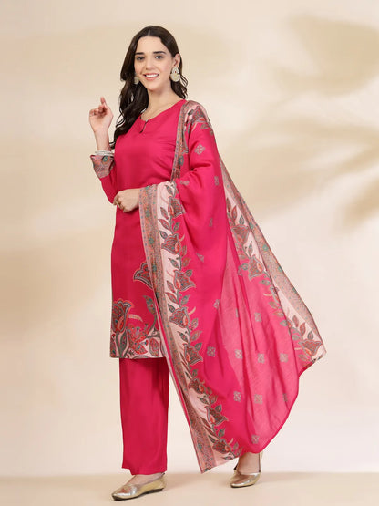 Pink Silk Straight Kurta With Palazzo Dupatta Set