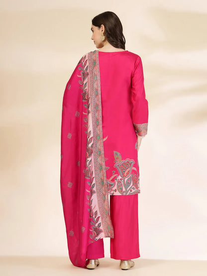Pink Silk Straight Kurta With Palazzo Dupatta Set