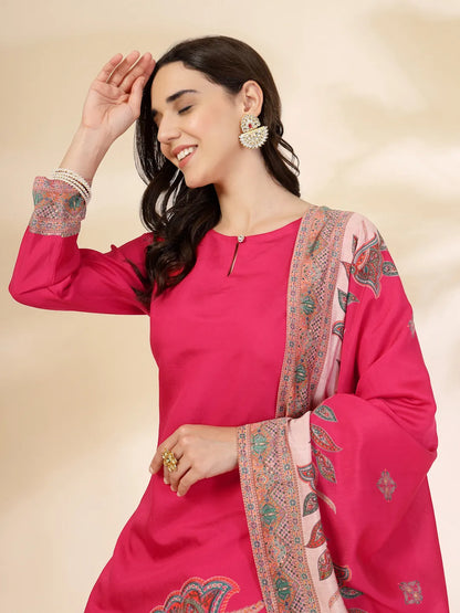Pink Silk Straight Kurta With Palazzo Dupatta Set