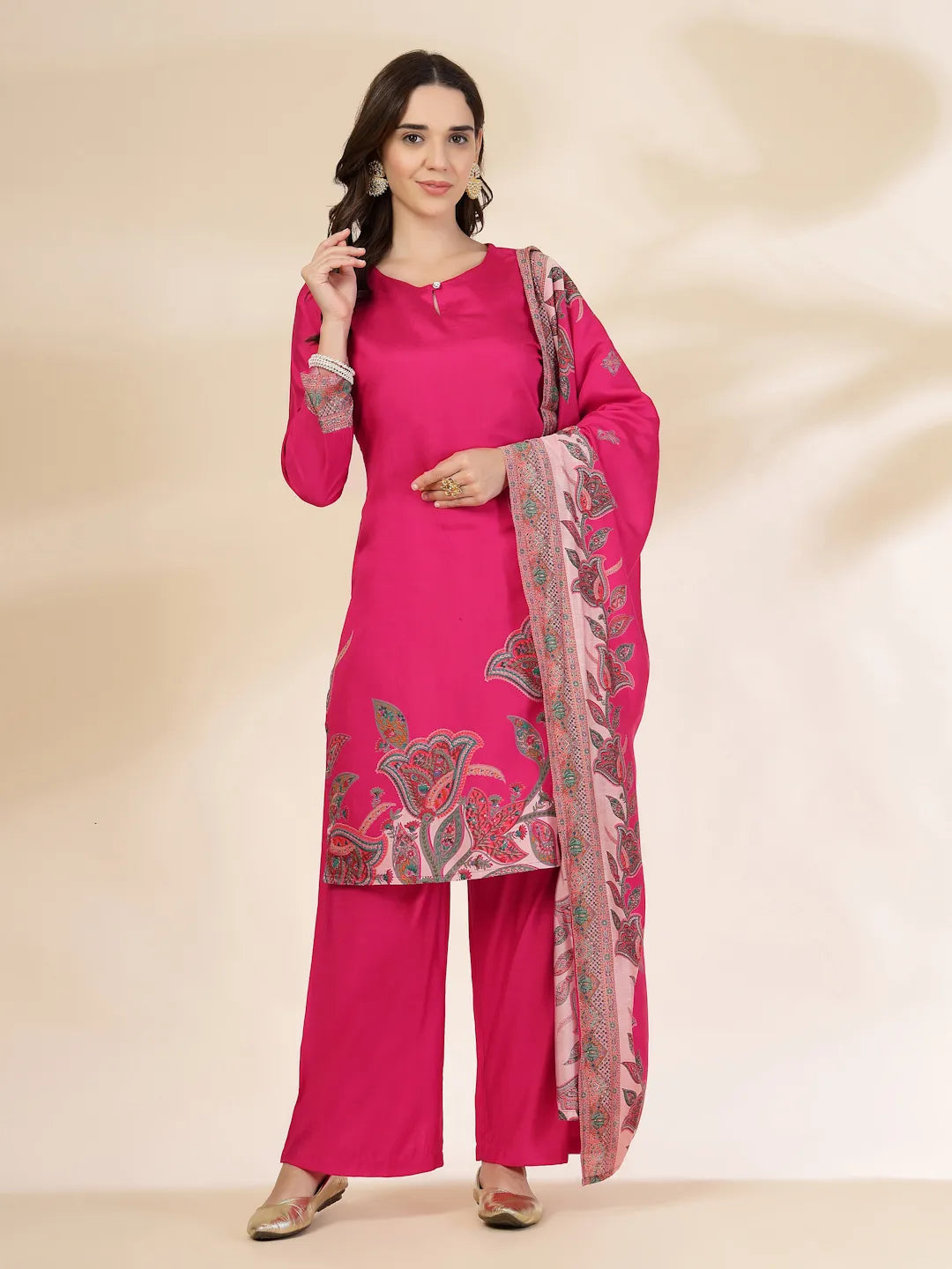 Pink Silk Straight Kurta With Palazzo Dupatta Set