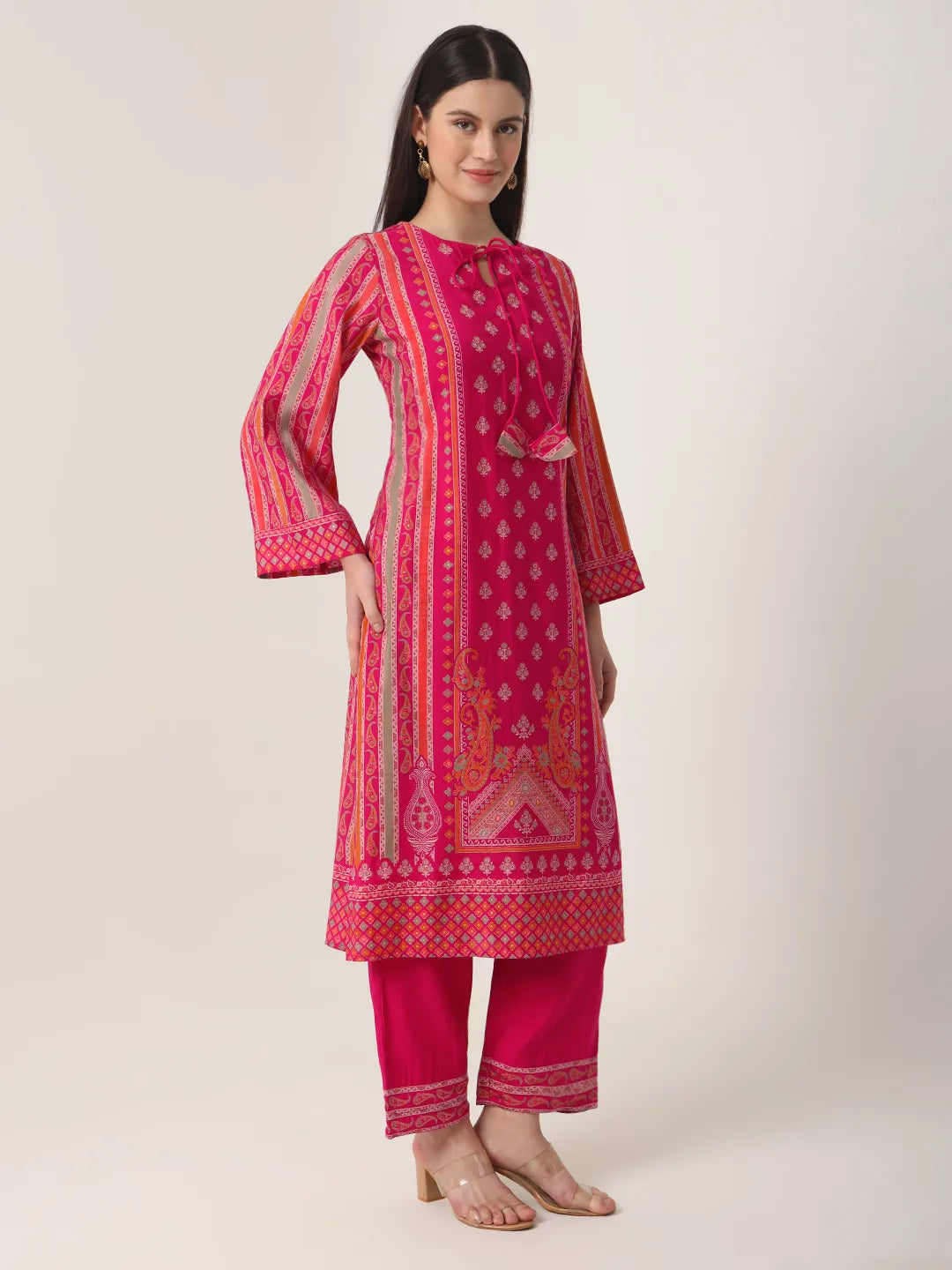 Pink Silk Tie Up Kurta Set With Pant & Dupatta