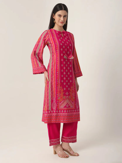 Pink Silk Tie Up Kurta Set With Pant & Dupatta