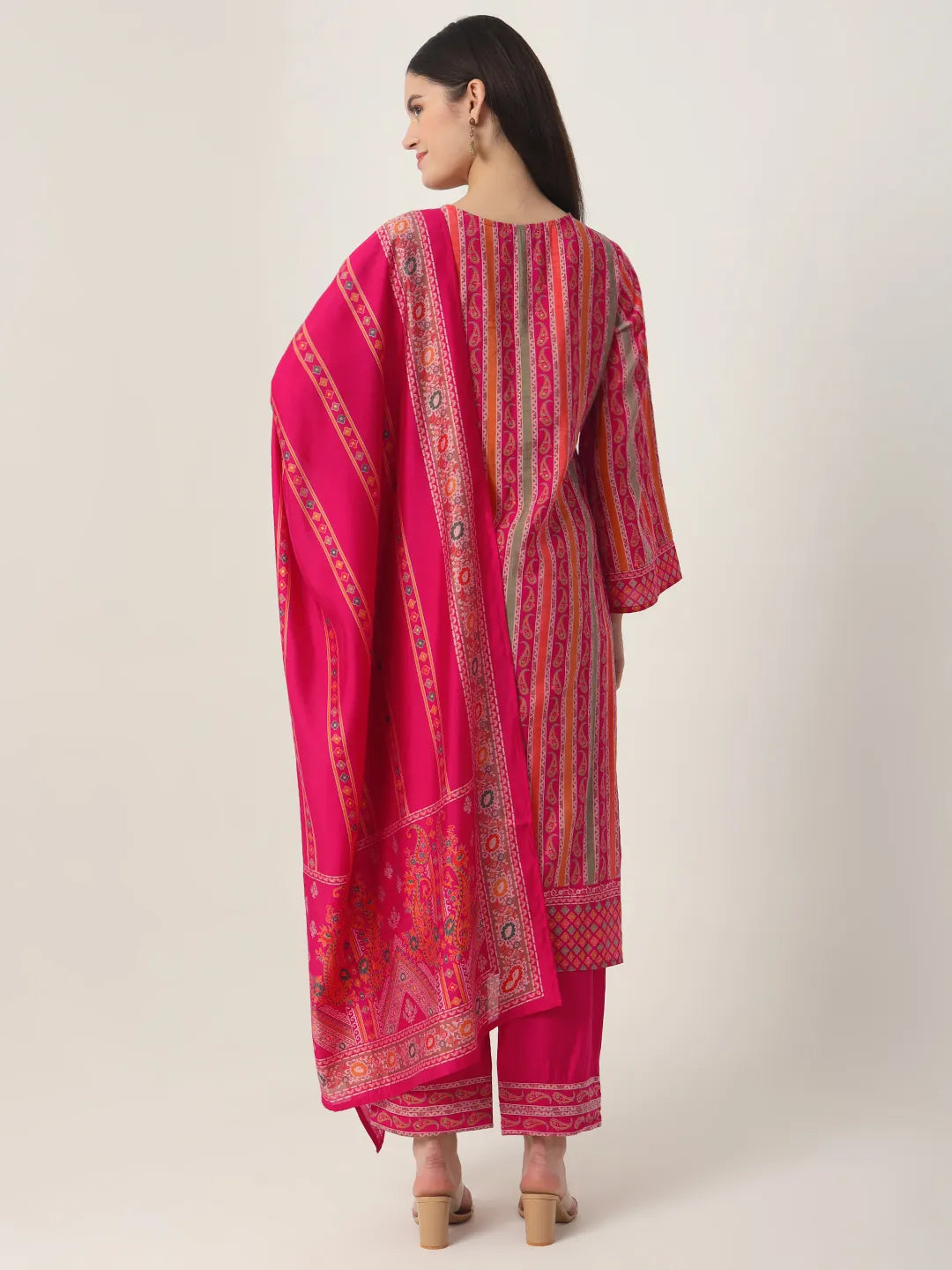 Pink Silk Tie Up Kurta Set With Pant & Dupatta