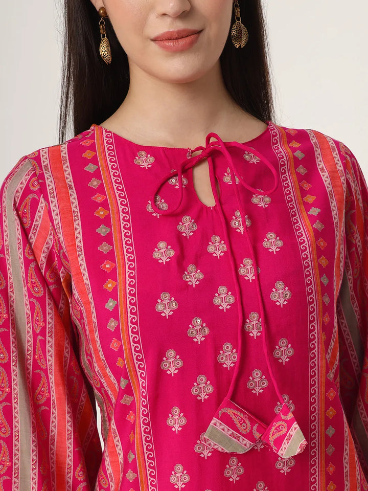 Pink Silk Tie Up Kurta Set With Pant &amp; Dupatta