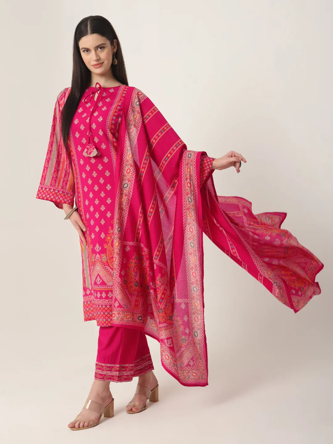 Pink Silk Tie Up Kurta Set With Pant & Dupatta