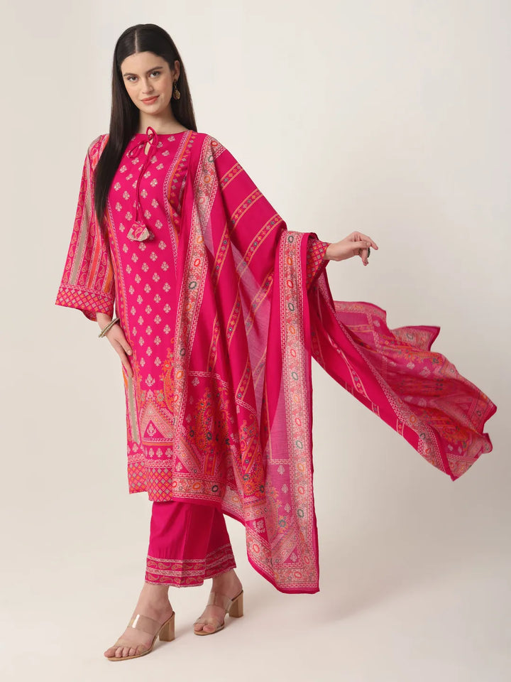 Pink Silk Tie Up Kurta Set With Pant &amp; Dupatta