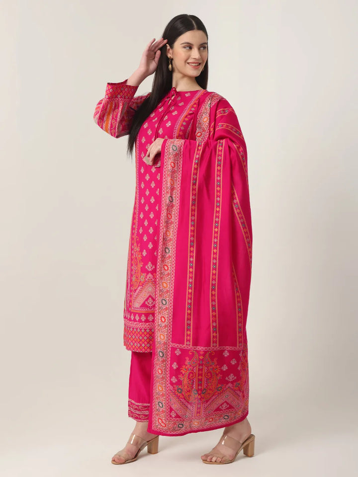 Pink Silk Tie Up Kurta Set With Pant &amp; Dupatta