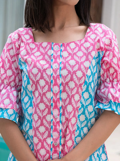 Pink & Sky Blue Colour Blocking Co Ord Set