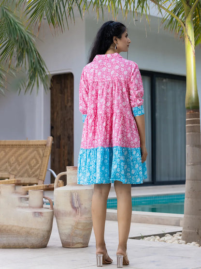 Pink & Sky Blue Pure Cotton Colour Blocking Dress