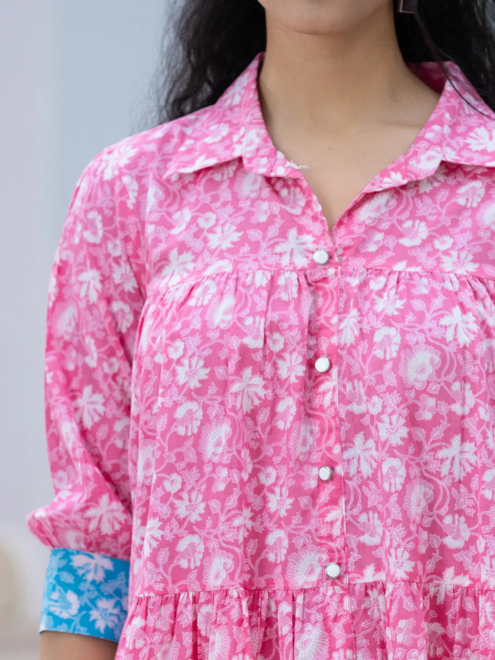Pink &amp; Sky Blue Pure Cotton Colour Blocking Dress