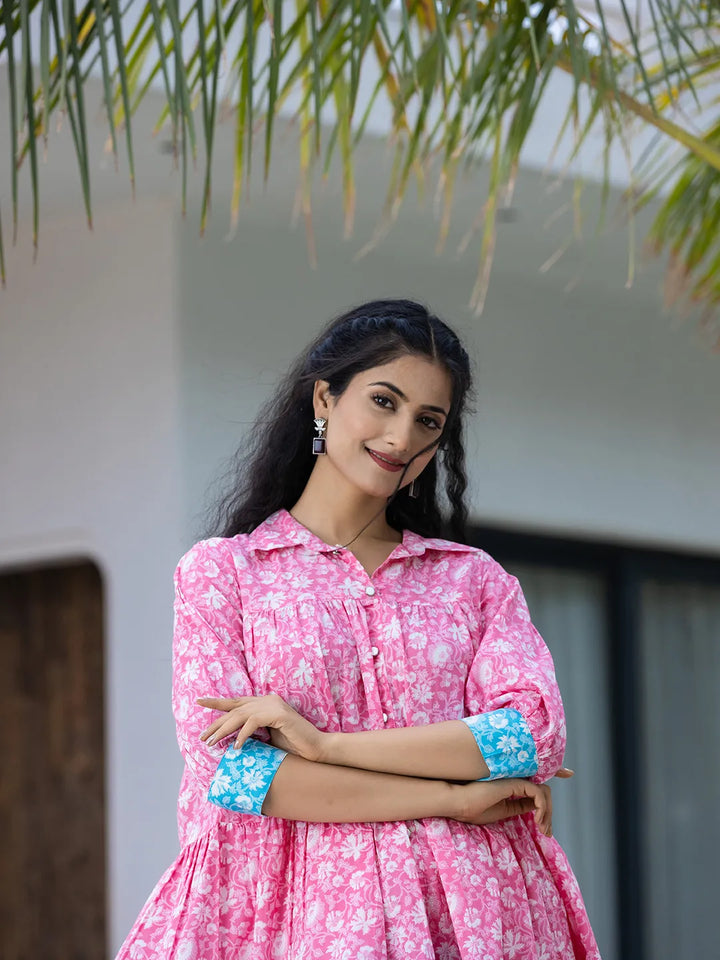 Pink &amp; Sky Blue Pure Cotton Colour Blocking Dress