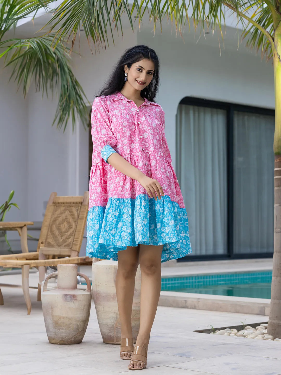 Pink &amp; Sky Blue Pure Cotton Colour Blocking Dress