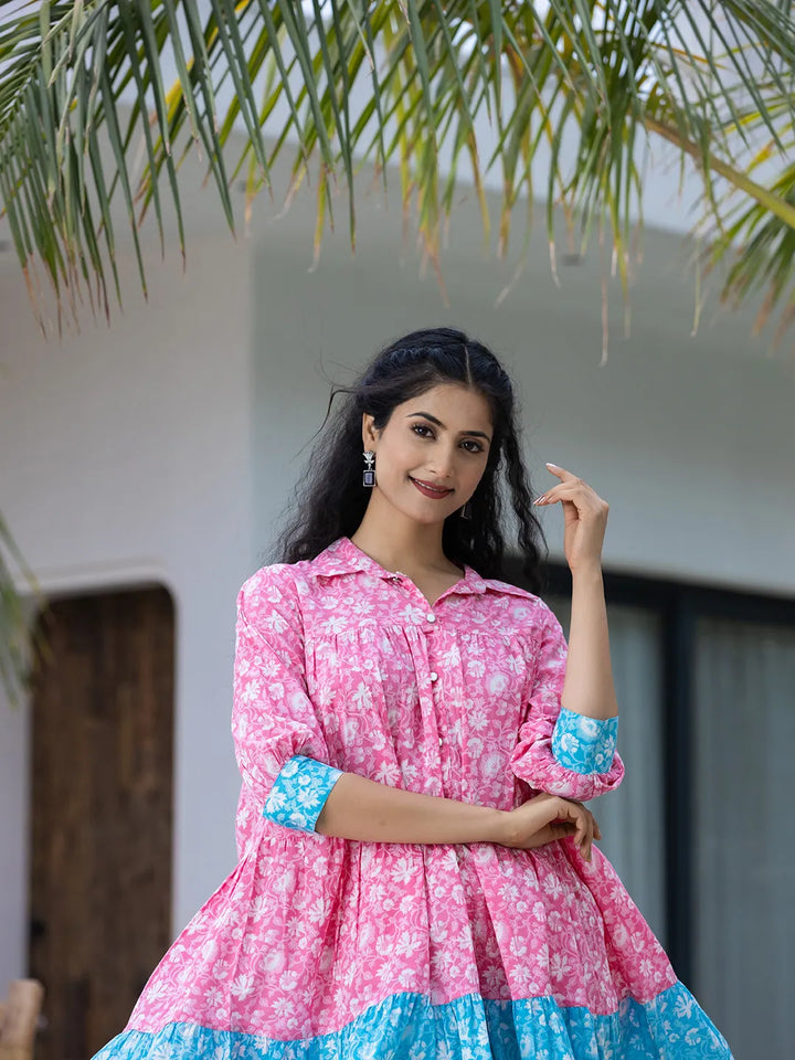 Pink &amp; Sky Blue Pure Cotton Colour Blocking Dress