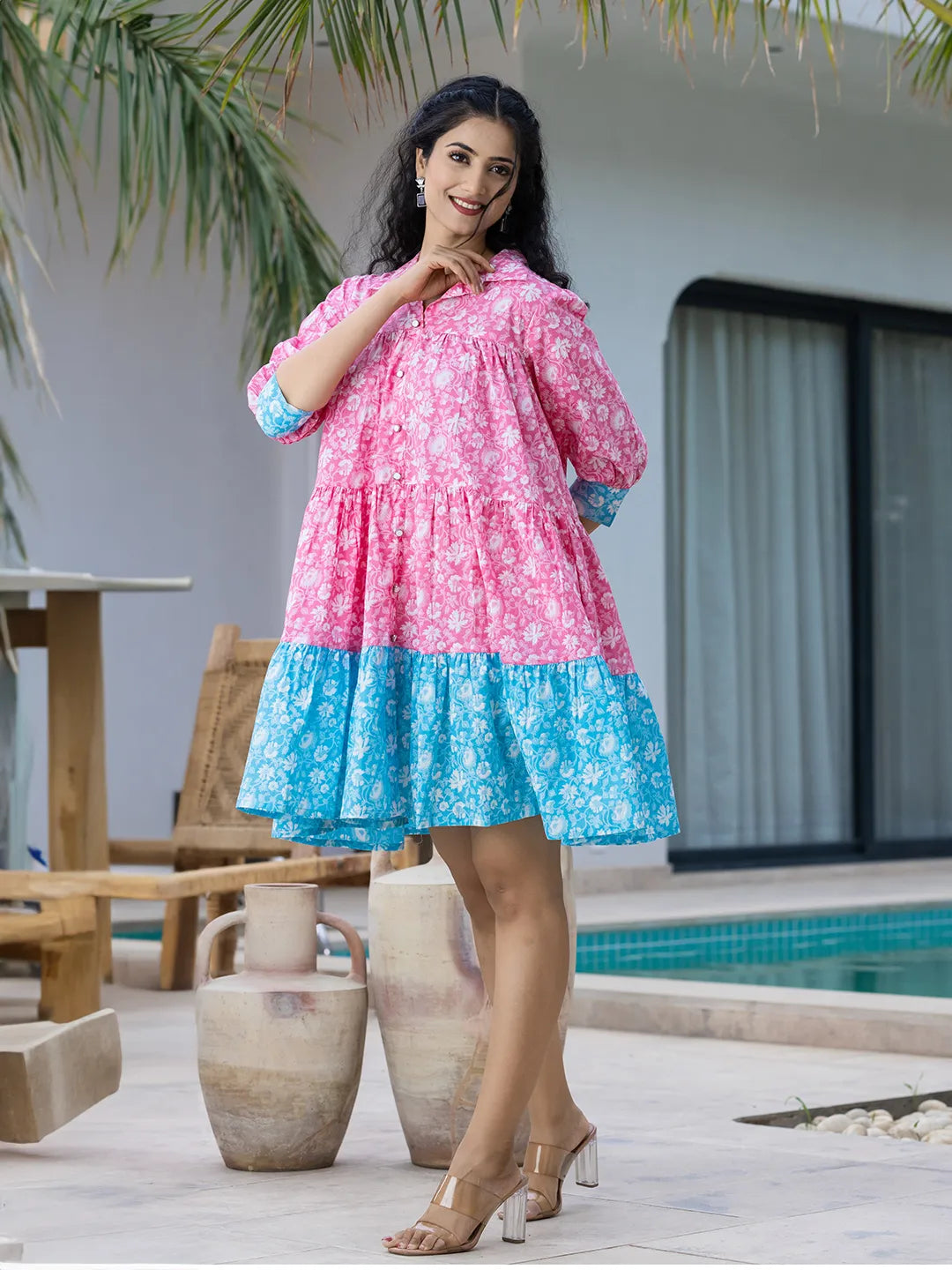 Pink & Sky Blue Pure Cotton Colour Blocking Dress
