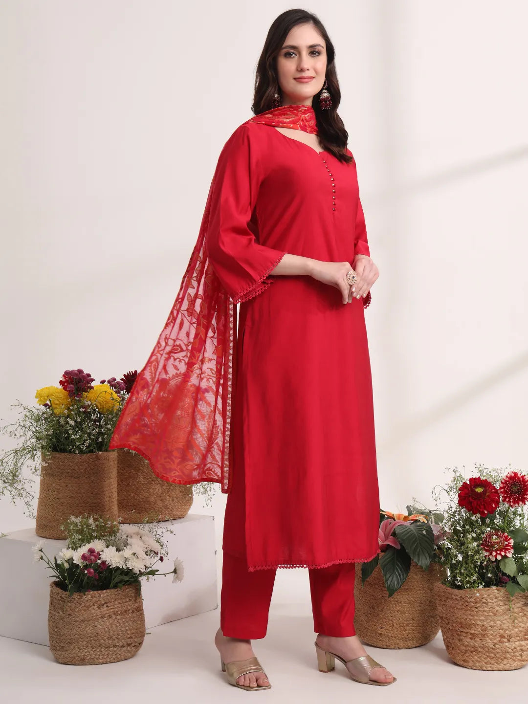 Pink Solid Straight Kurta Trouser And Dupatta Set