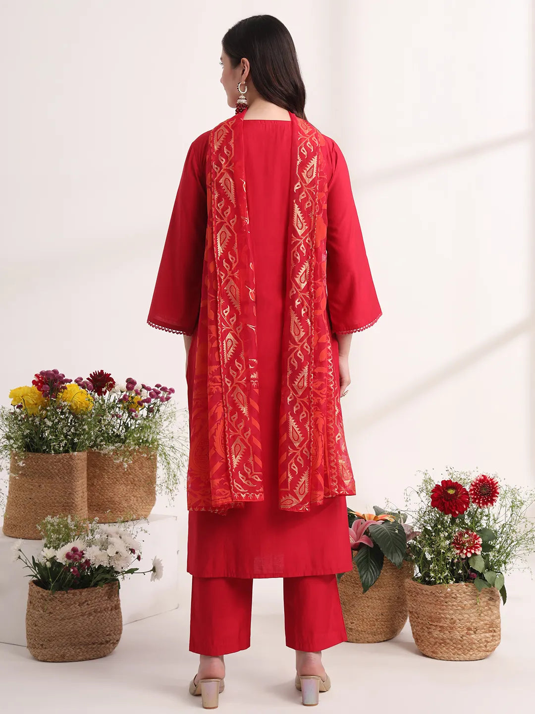 Pink Solid Straight Kurta Trouser And Dupatta Set