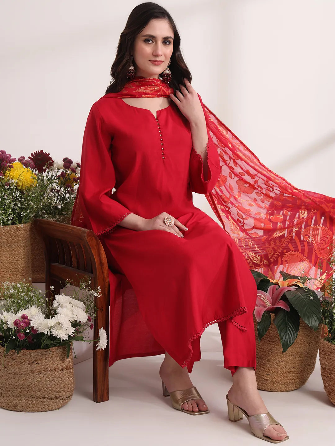 Pink Solid Straight Kurta Trouser And Dupatta Set