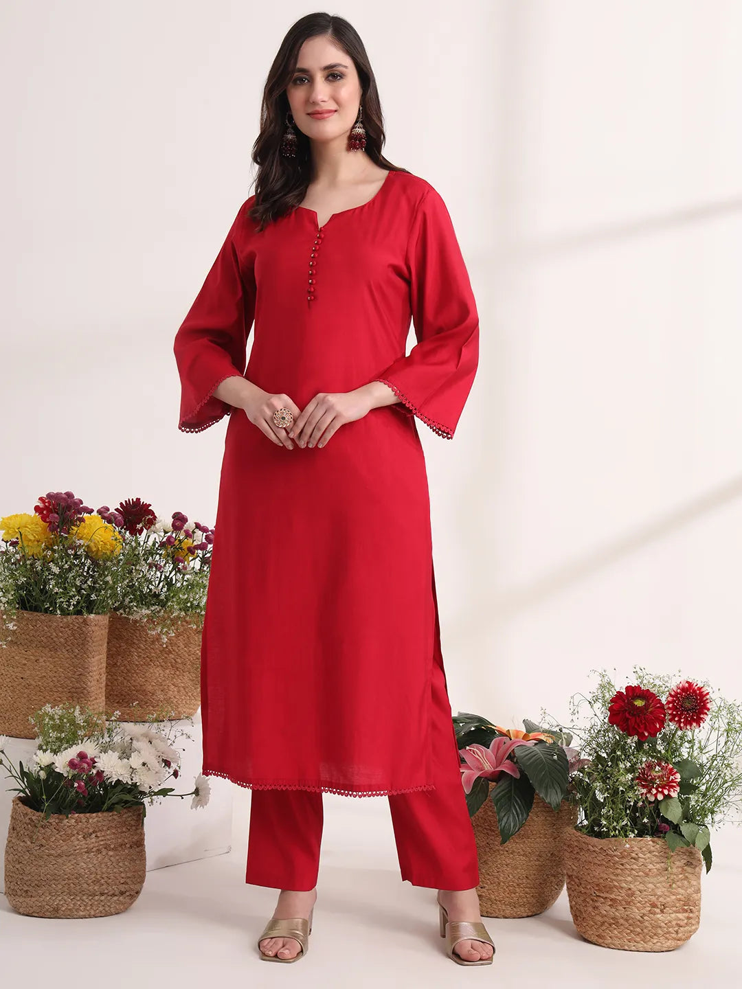 Pink Solid Straight Kurta Trouser And Dupatta Set