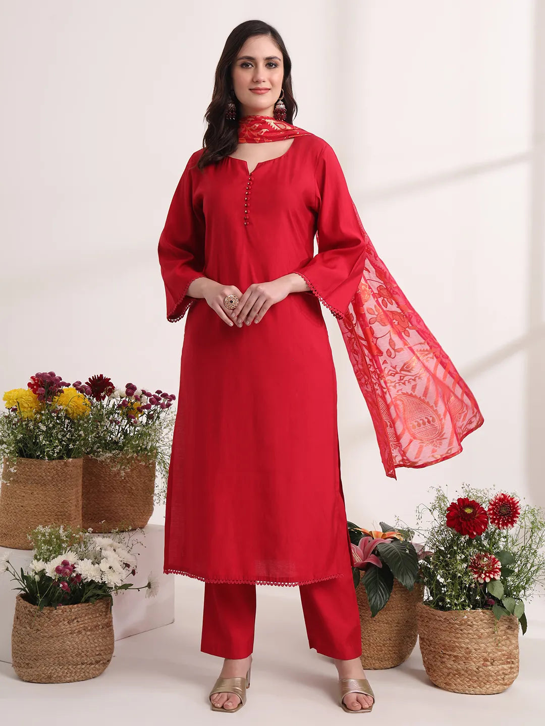 Pink Solid Straight Kurta Trouser And Dupatta Set