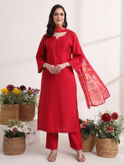 Pink Solid Straight Kurta Trouser And Dupatta Set