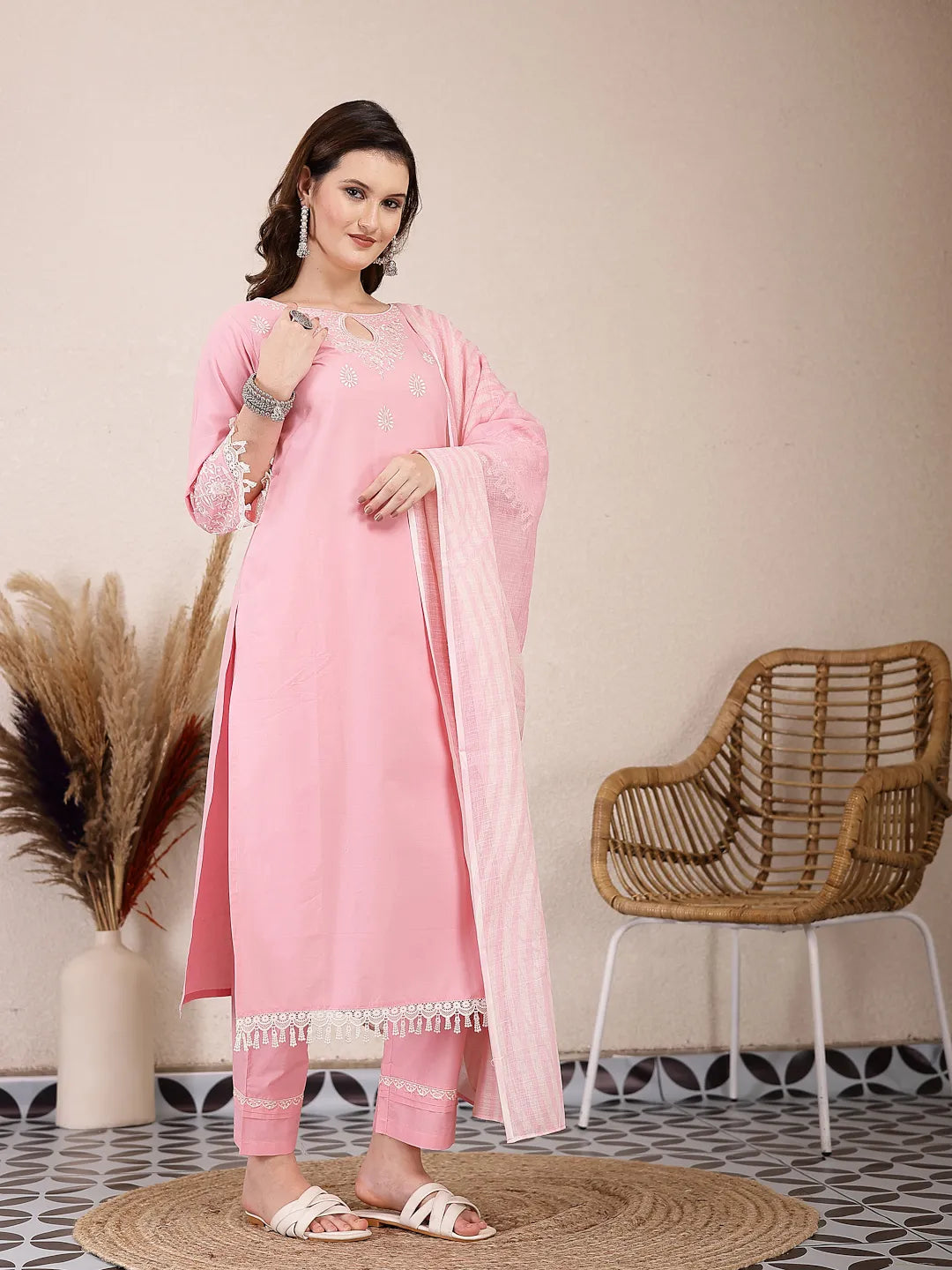 Pink Solid Thread Work Straight Kurta Trouser Dupatta Set