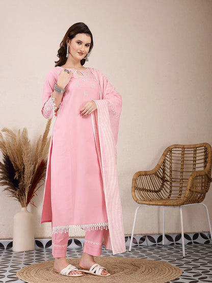 Pink Solid Thread Work Straight Kurta Trouser Dupatta Set