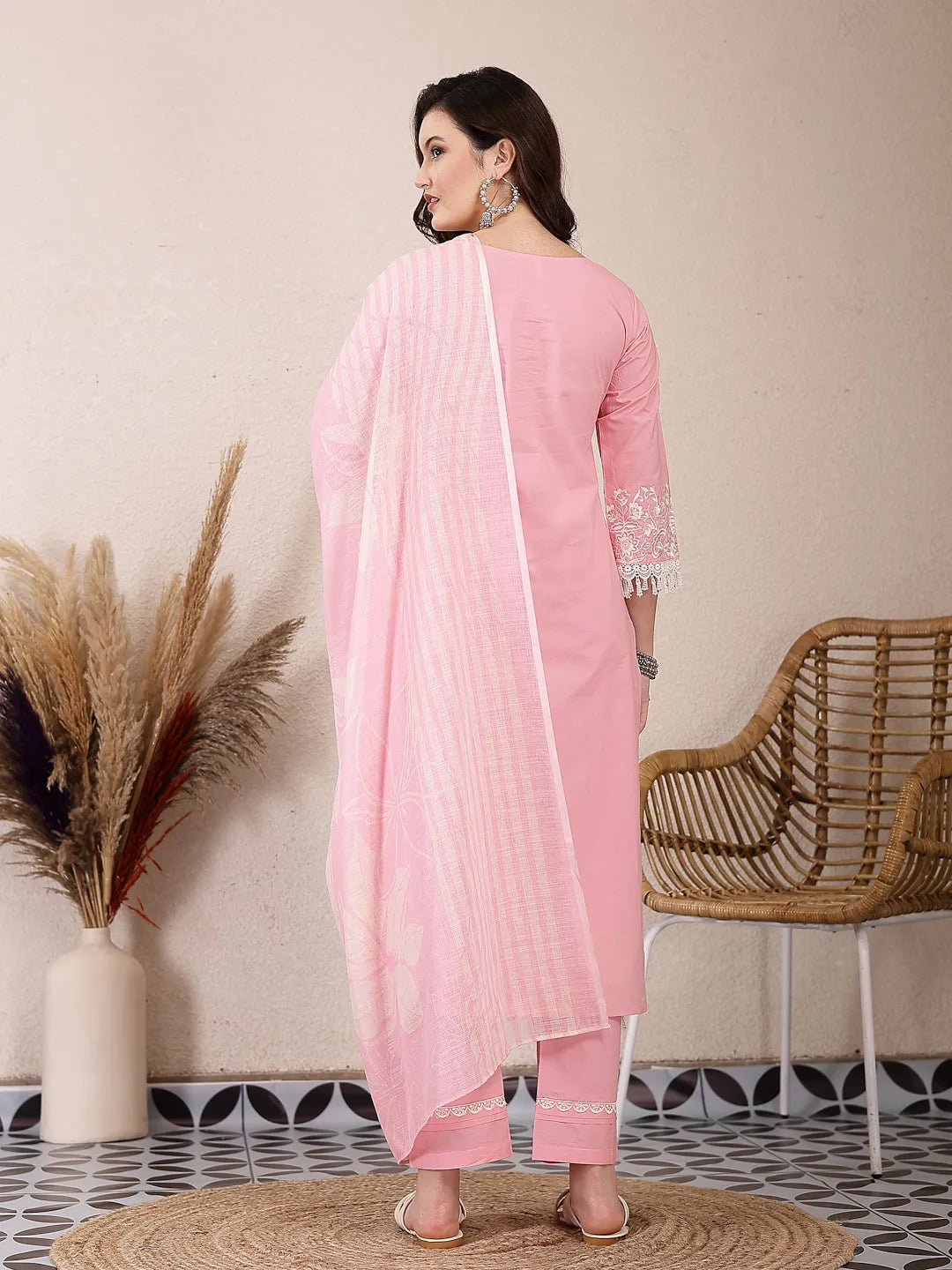 Pink Solid Thread Work Straight Kurta Trouser Dupatta Set