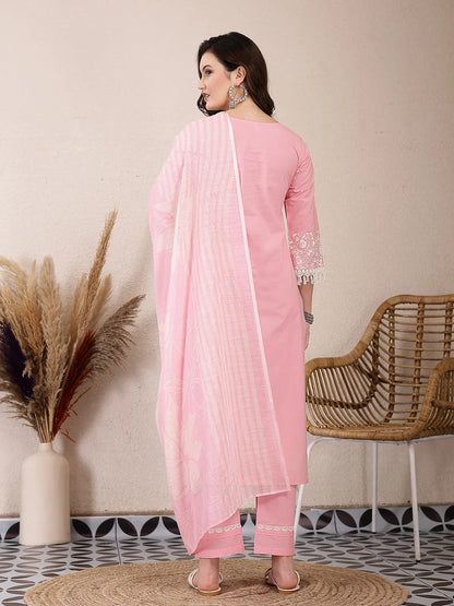 Pink Solid Thread Work Straight Kurta Trouser Dupatta Set