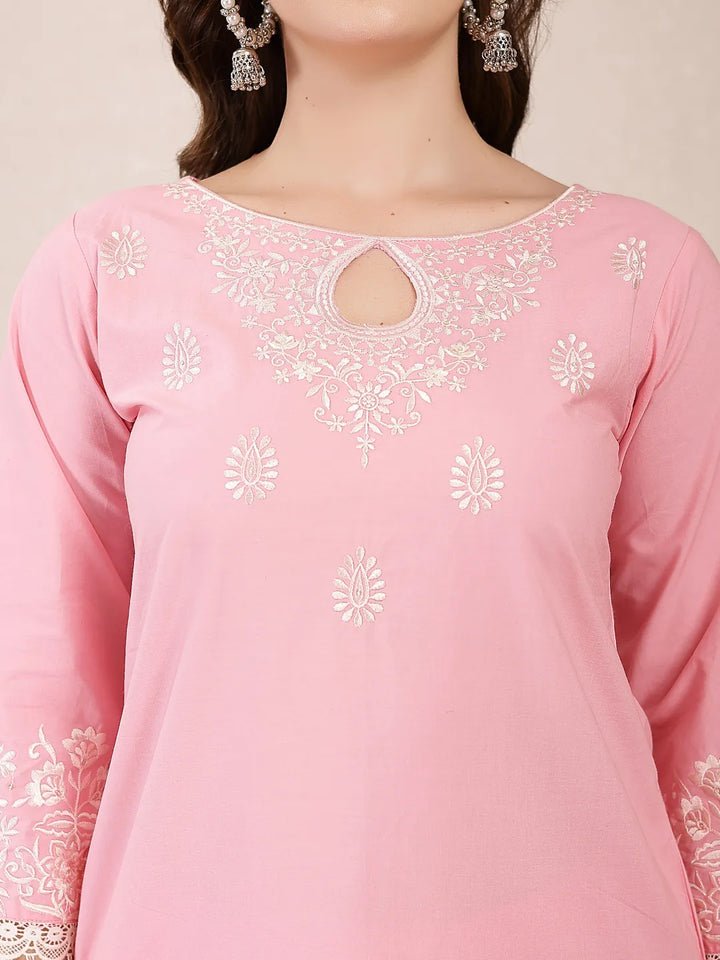 Pink Solid Thread Work Straight Kurta Trouser Dupatta Set