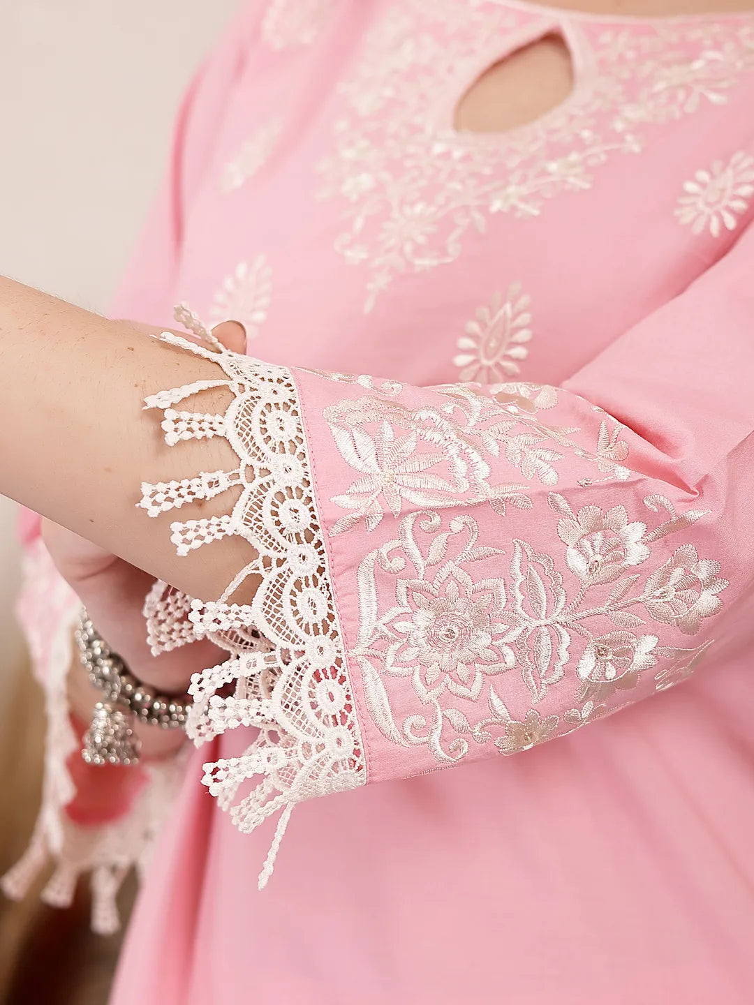 Pink Solid Thread Work Straight Kurta Trouser Dupatta Set