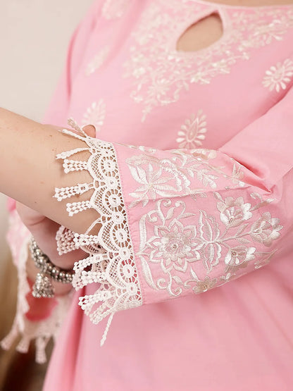 Pink Solid Thread Work Straight Kurta Trouser Dupatta Set