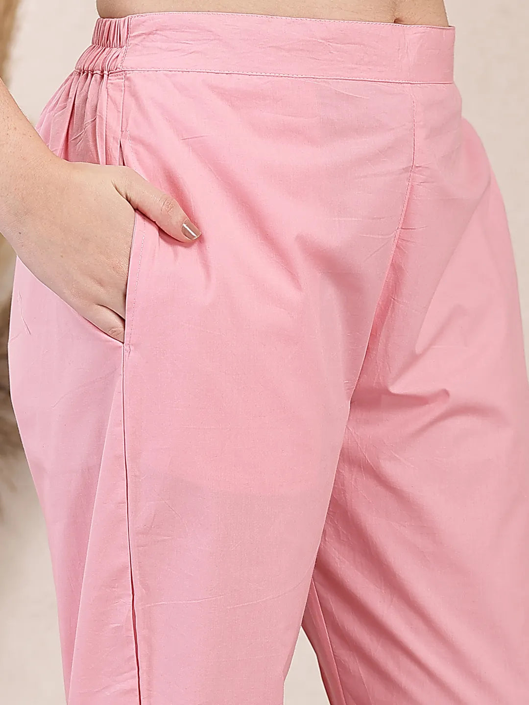 Pink Solid Thread Work Straight Kurta Trouser Dupatta Set