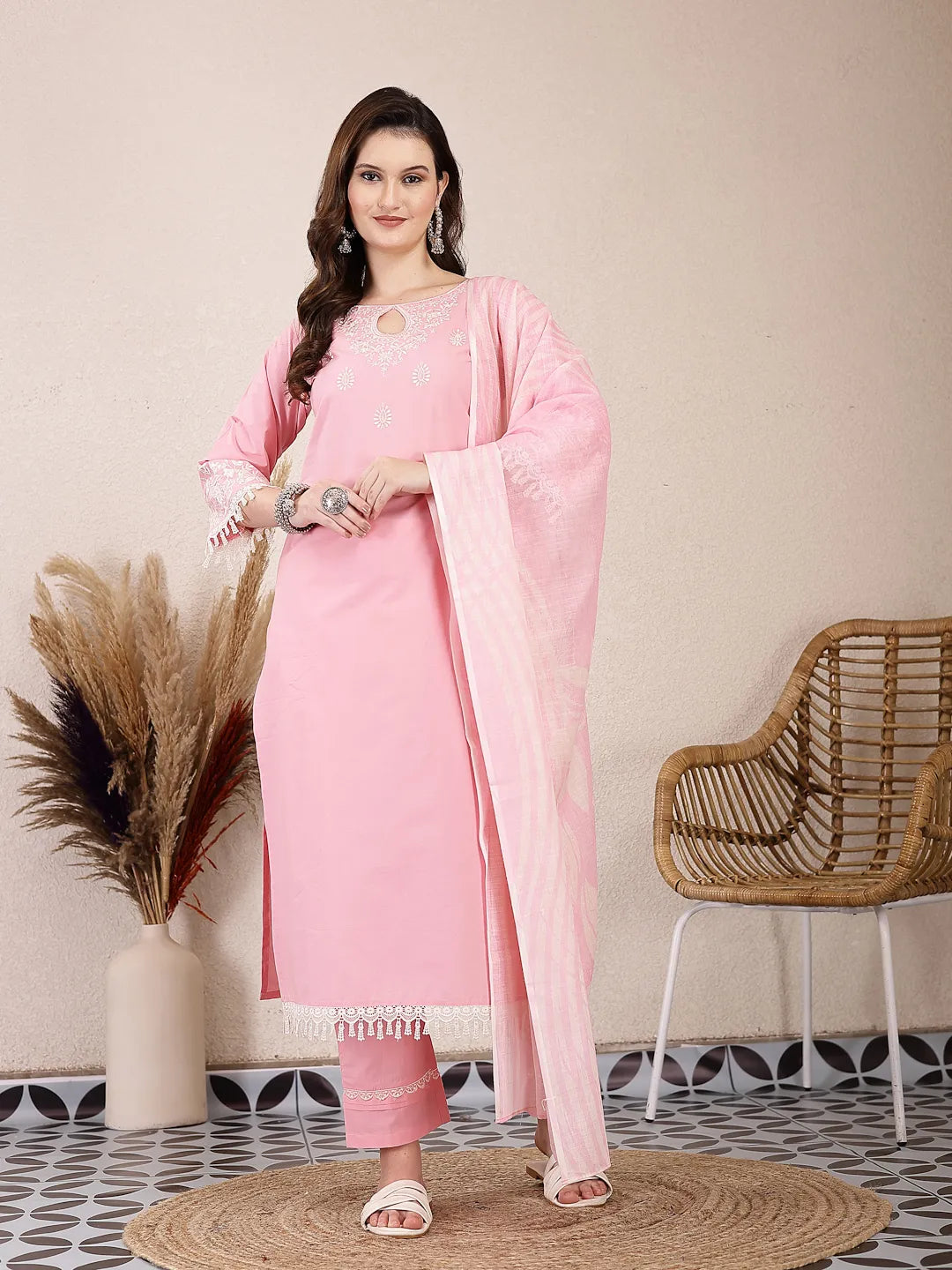 Pink Solid Thread Work Straight Kurta Trouser Dupatta Set