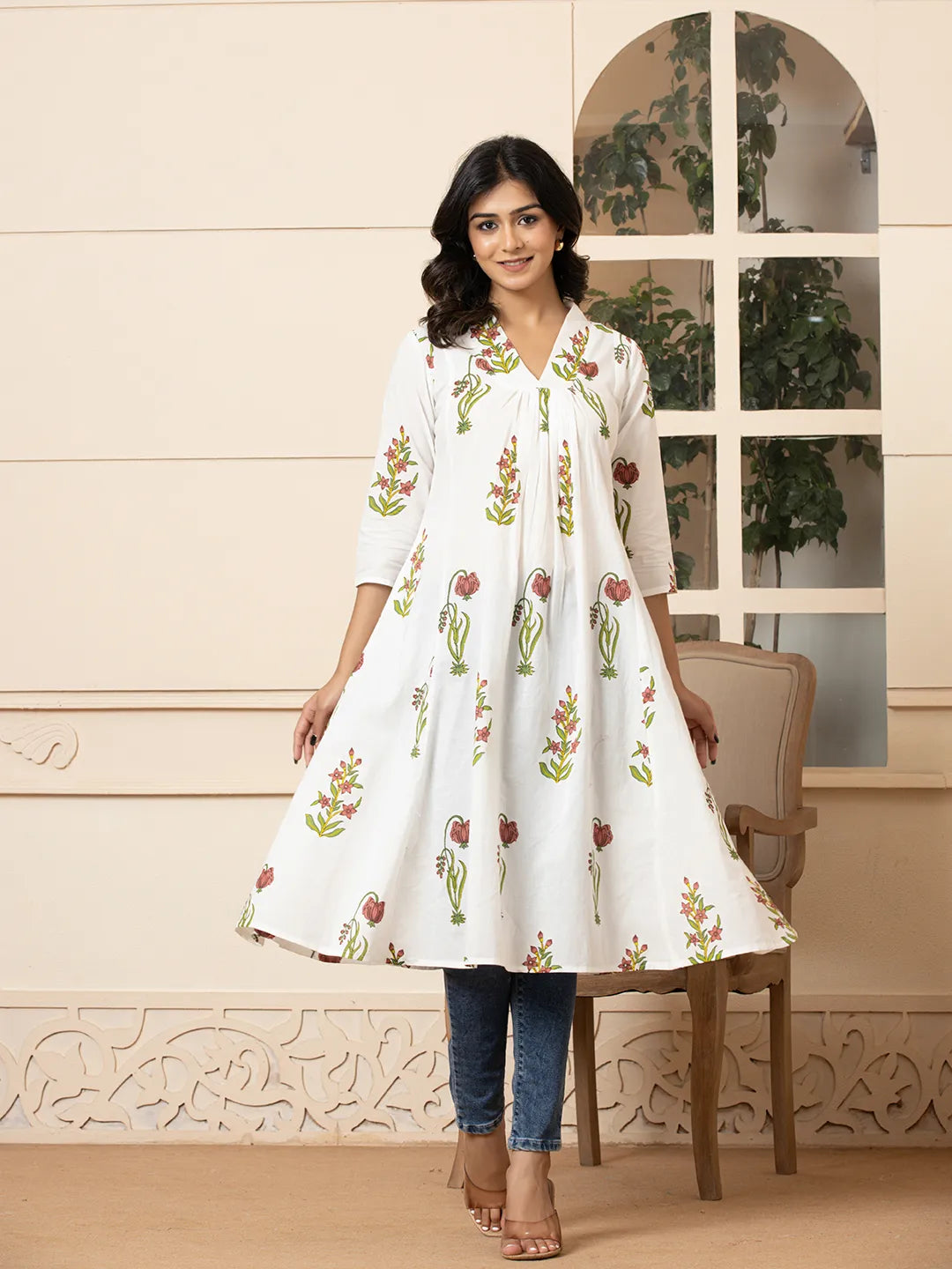 Women's Pink Cotton Pink & White Cotton Floral Print Aline Kurta by Yufta, suitable for wholesale buyers, boutiques, retailers, resellers and bulk fashion orders from Trendphoria