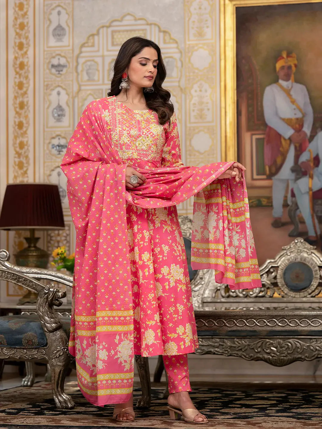 Pink Zari Work Kurta Pant Dupatta Set