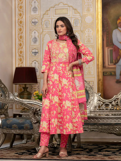 Pink Zari Work Kurta Pant Dupatta Set