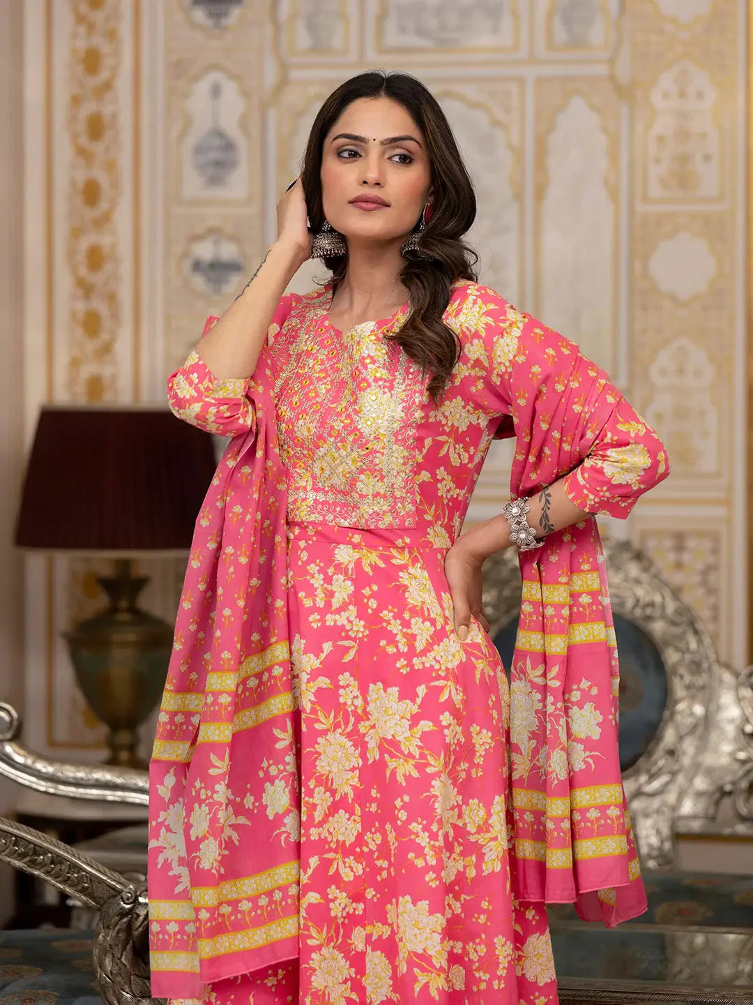 Pink Zari Work Kurta Pant Dupatta Set