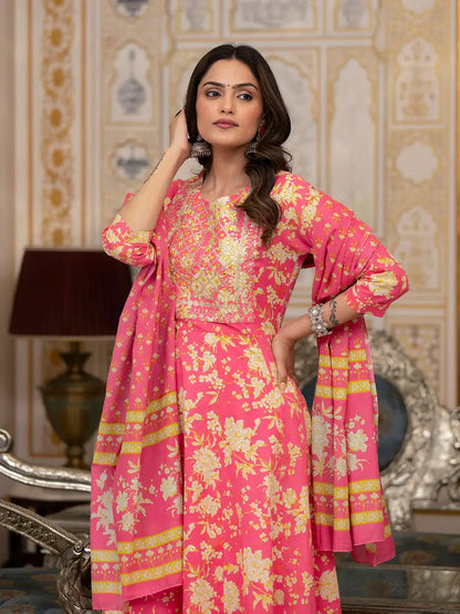 Pink Zari Work Kurta Pant Dupatta Set