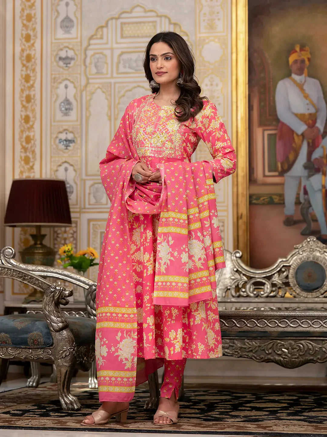 Pink Zari Work Kurta Pant Dupatta Set
