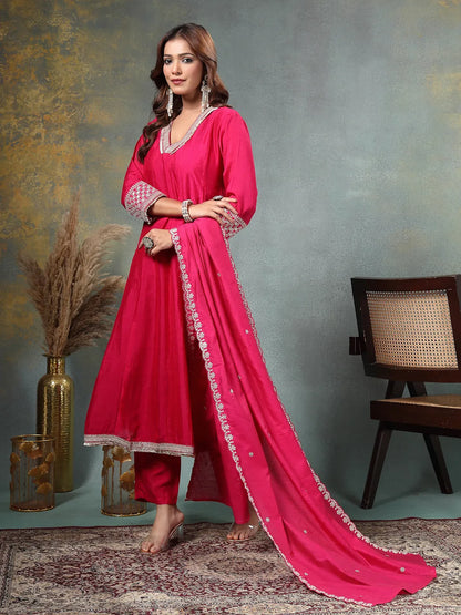 Pink Zari Work Yoke Or Border Anarkali Silk Blend Kurta Trouser Dupatta Set