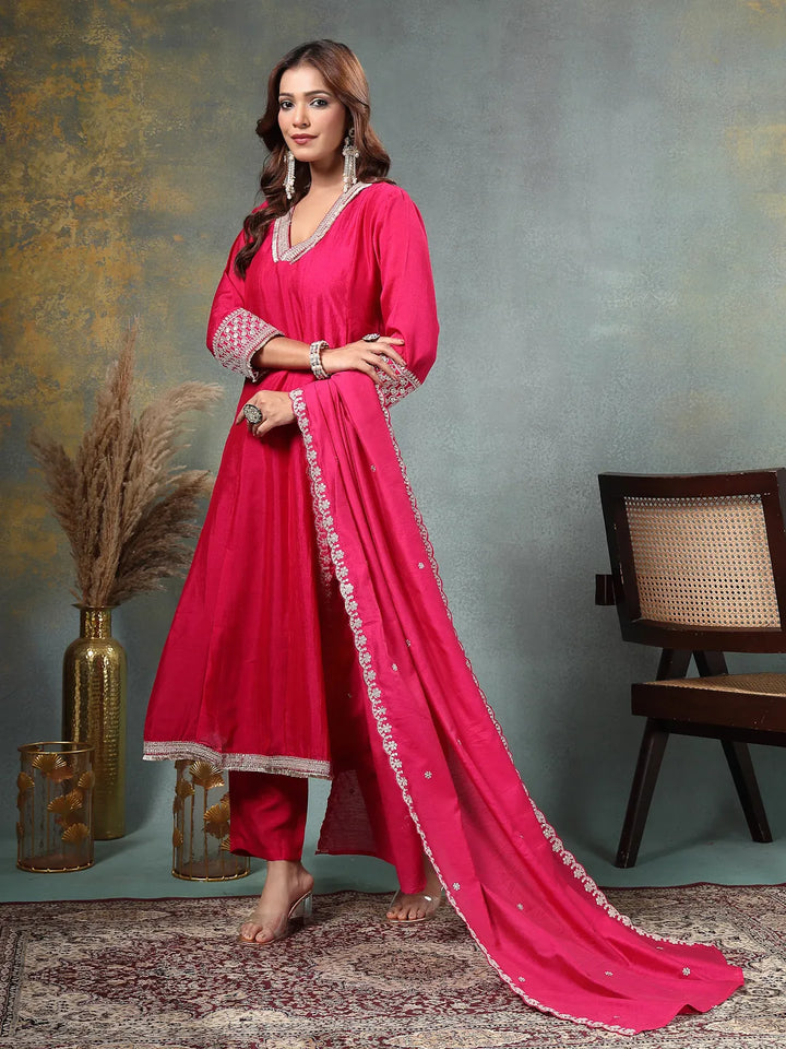 Pink Zari Work Yoke Or Border Anarkali Silk Blend Kurta Trouser Dupatta Set